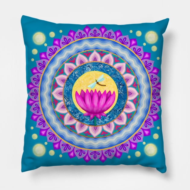 Dragonfly and Lotus Moon Mandala Pillow by SoozieWray