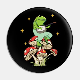 Vintage Frog Playing Banjo Sitting On Toadstool Mushrooms Pin