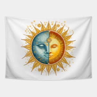 Sun and moon face hand drawn illustration. Zodiac sign. Tapestry