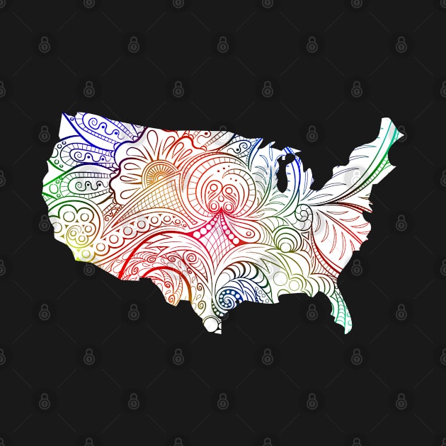 Colorful mandala art map of the United States of America on white background by Happy Citizen