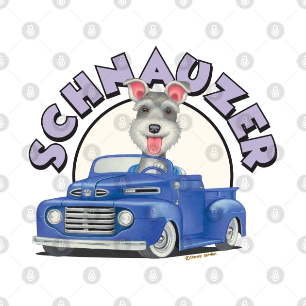 Cute Schnauzer mini puppy retro ready to ride in Classic Blue Truck by Danny Gordon Art