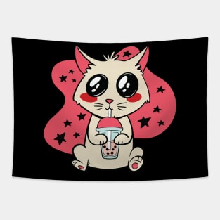 Kawaii Cat Driking Boba Tea Tapestry