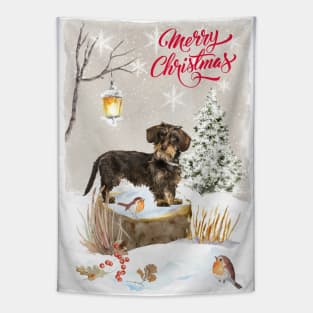 Wire Haired Dachshund Dog Merry Christmas Tapestry