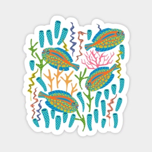 TROPICAL ZONE Coral Reef Fish Undersea Ocean Sea Creatures in Bright Colours on Dark Teal Blue - UnBlink Studio by Jackie Tahara Magnet