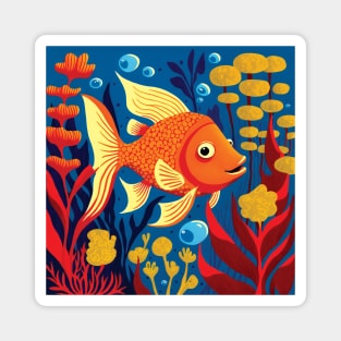 Cute Goldfish swimming in the sea with brightly coloured Seaweed Magnet