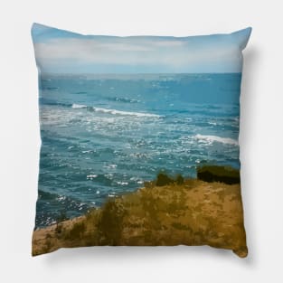Seascape realistic illustration. Blue sky, waves Pillow