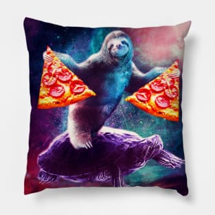 Funny Space Sloth With Pizza Riding On Turtle Pillow