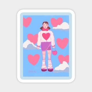 ilustración de chica con corazones y nubes Magnet