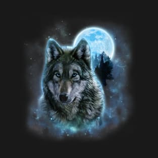 Grey Wolf Hunting Ground with Icy Moon in Forest, Galaxy T-Shirt
