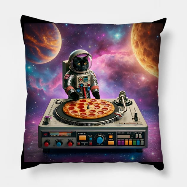 Dj Pizza Black Cat in Space Pillow by VisionDesigner