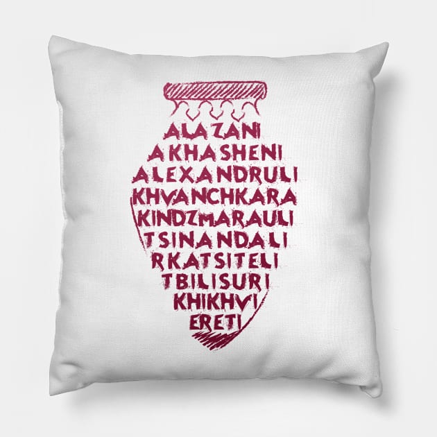 Georgian wine regions names in a shape of qvevri Pillow by AntonVTokarev