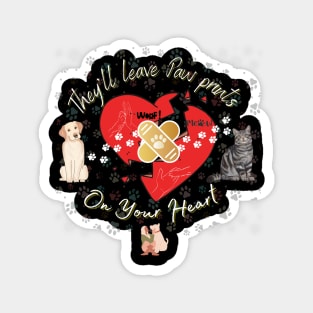 Pet lover Dog and Cat Paw prints on Your heart Magnet