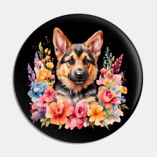 A german shepherd decorated with beautiful watercolor flowers Pin