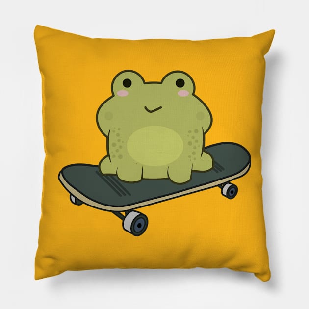 Cute Frog On Skateboard Cottagecore Aesthetic Skater Girl Pillow by kalponik