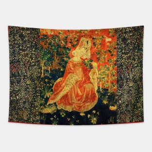 LADY WITH HAWK AMONG FLOWERS AND OAK LEAVES ,HARES, Orange Green Floral Tapestry