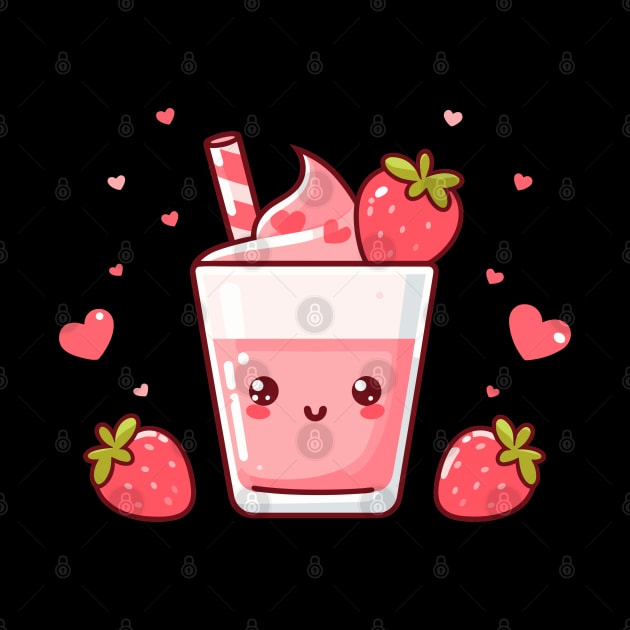 Strawberry Milkshake Ice Cream with Strawberries and Hearts in Kawaii Style | Kawaii Food Art by Nora Liak