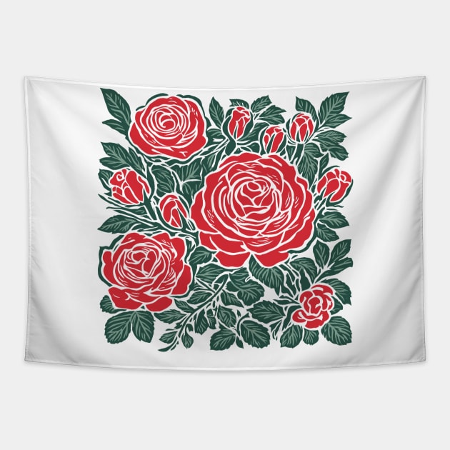 Woodblock Print Red Roses Pattern Tapestry by craftydesigns