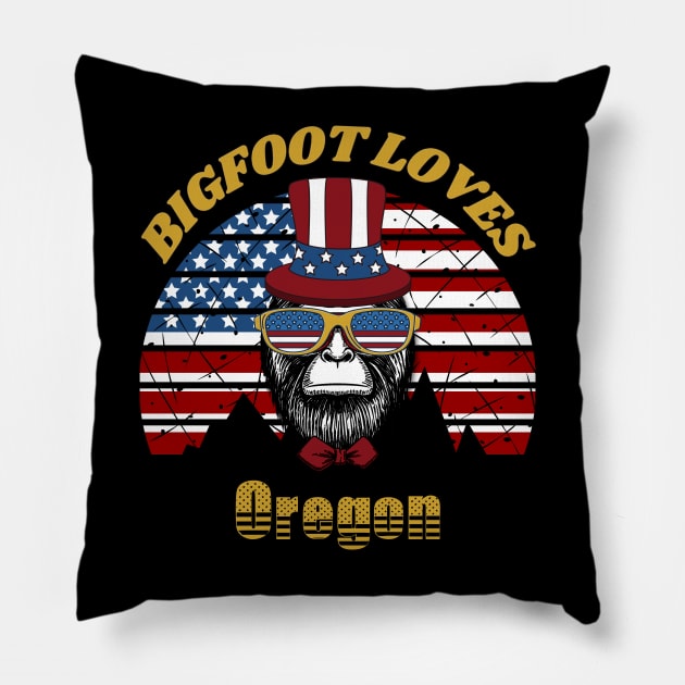 Bigfoot loves America and Oregon Pillow by Scovel Design Shop
