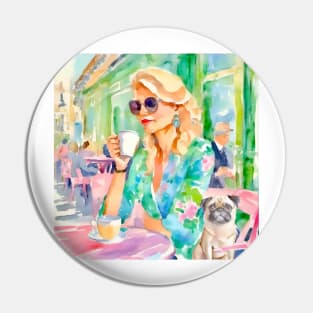 Girl and her pug in a Parisian cafe, watercolor painting Pin