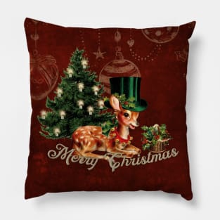 Merry Christmas, cute little fawn with hat and christmas tree Pillow