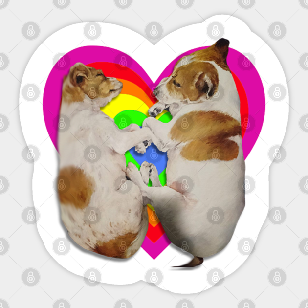 Super cute Jack Russell terriers sleeping on a rainbow heart - Dogs - Sticker