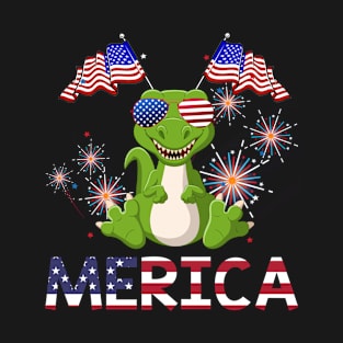 Merica Dinosaurs Usa American Flag Independence T-Shirt