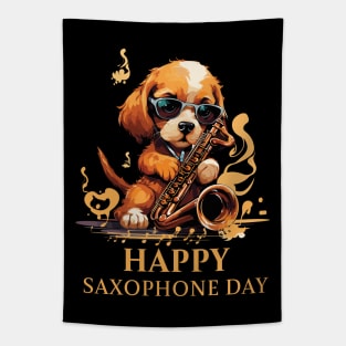 Happy Saxophone Day - Cute Puppy Tapestry