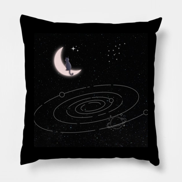 Universal Cat on Moon Pillow by GoodyL