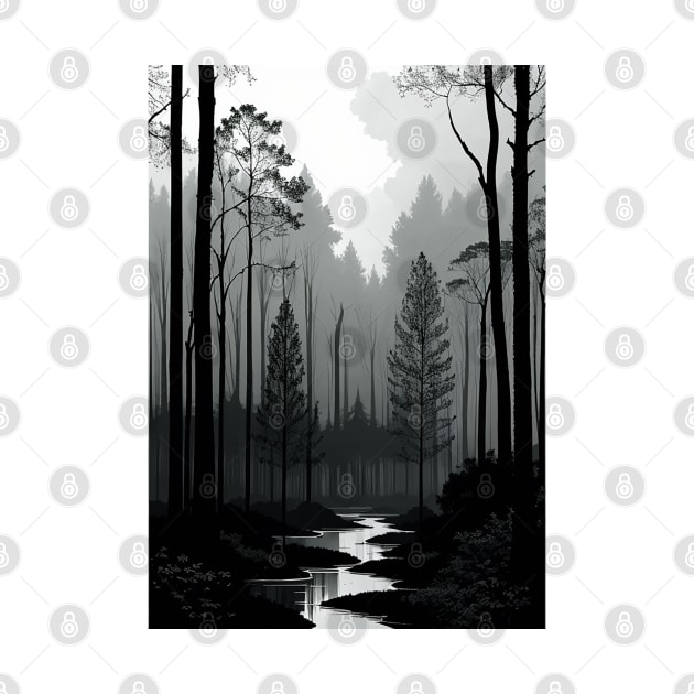 Grayscale Forest with a Peaceful River Running Through It by CursedContent