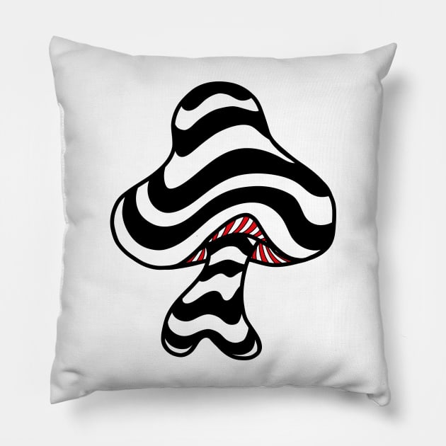 The Perfect Mushroom: Exotic Trippy Wavy Black and White Psychedelic Stripes Contour Lines with Red Underbelly Pillow by Ciara Shortall Art