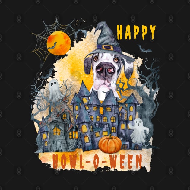 Great Dane Happy Howl-o-ween Ghost Houses Funny Watercolor by Sniffist Gang