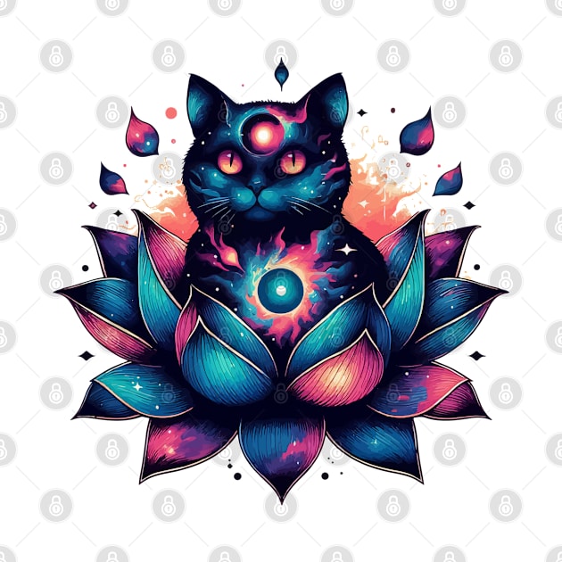 Colorful Abstract Cosmic Cat in Lotus Flower by TomFrontierArt