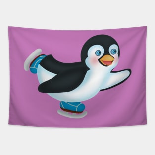 Cute penguin ice skating happily Tapestry