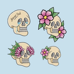 Four Sad Floral Skulls - blue T-Shirt