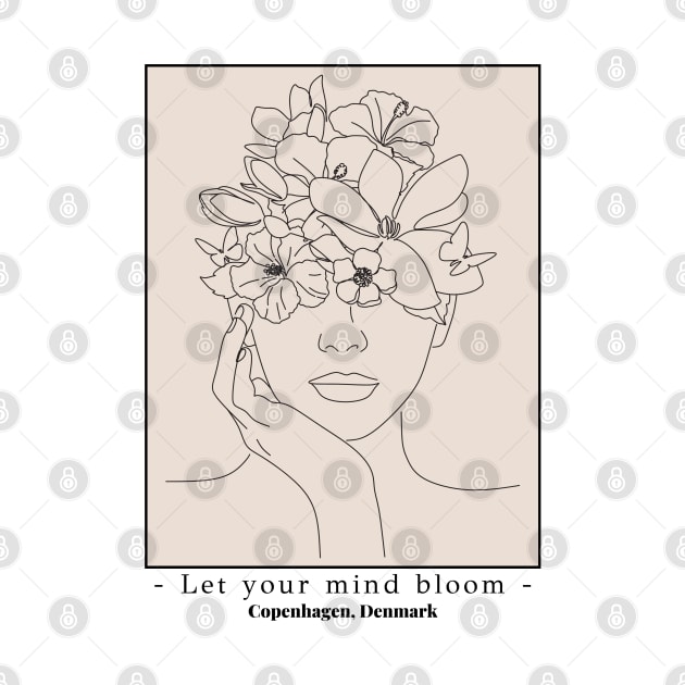 Let your mind bloom, Copenhagen Denmark trendy beige flower head line art design by ByPhillip