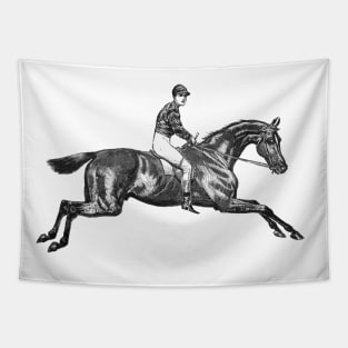 Race Horse with Jockey Black and White Illustration Tapestry