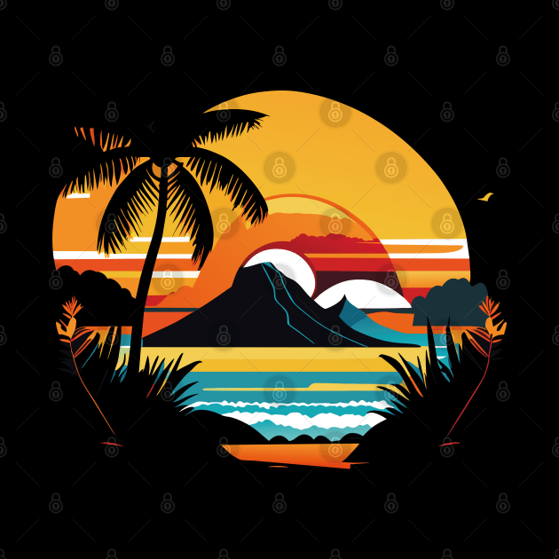 Majestic Coastal Sunset: Palm Trees, Mountains, and the Beach by linann945