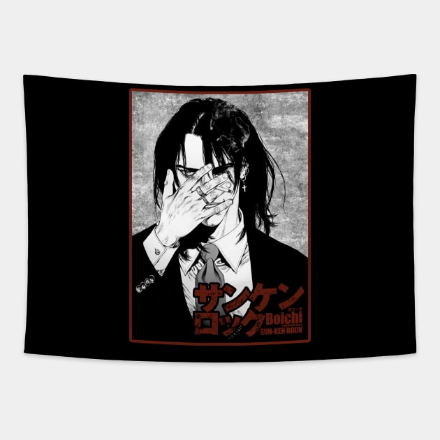 Rising Through the Ranks Rock Anime Inspired Shirt Showcasing Character Growth Tapestry by skeleton sitting chained