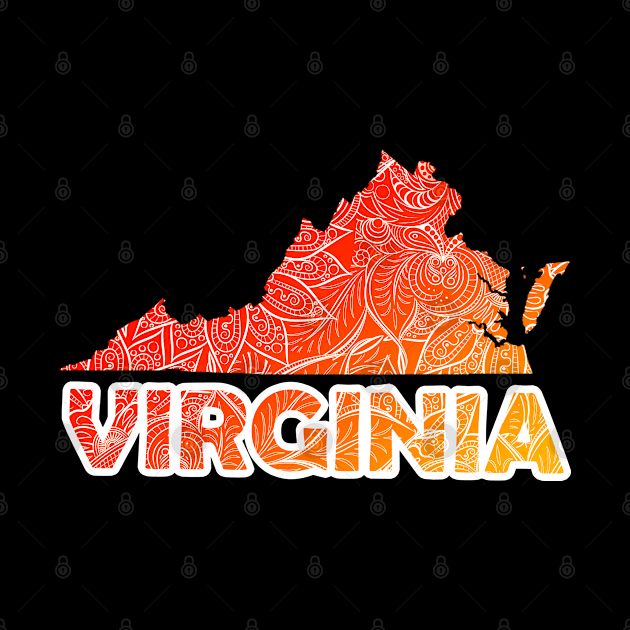 Colorful mandala art map of Virginia with text in red and orange by Happy Citizen