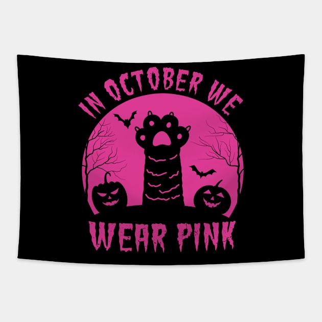 In October We Wear Pink Cat Pumpkin Breast Cancer Halloween Tapestry by HollyDuck