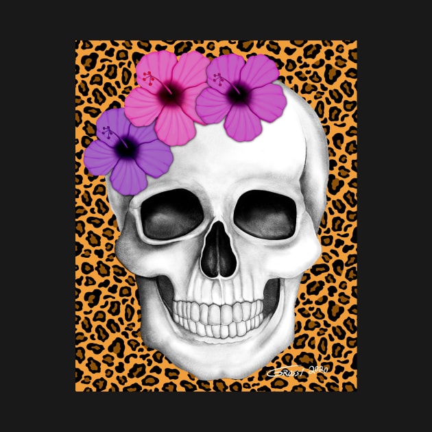 Skull With Flowers (On Leopard Print Background) by GDGCreations