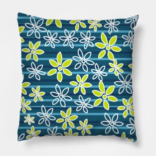 Green Flowers Blue Horizontal Stripes Pillow