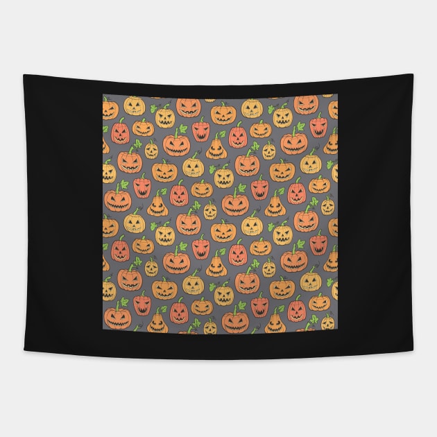 Halloween Jack-O-Lantern Scary Pumpkin Orange on Grey Tapestry by CajaDesign