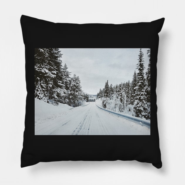 White Winter in Scandinavia - Remote Road Through Fir Tree Forest Pillow by visualspectrum