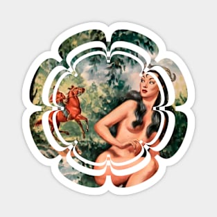 beautiful mythological girl in the forest looking at a rider on horseback Magnet