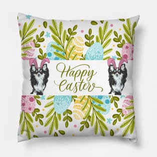 Happy Easter with Long Haired Chihuahua Dog with Bunny Ears Pillow