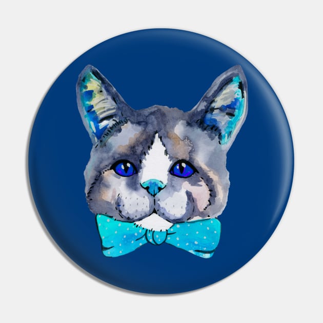 Blue watercolor cute kitty cat Pin by deadblackpony