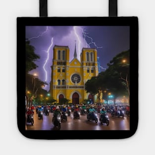 Iconic World Landmarks During A Thunderstorm: Norte Dame Cathedral Saigon Tote