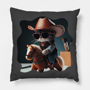 A cat wearing sunglasses and a cowboy hat riding a toy horse Pillow