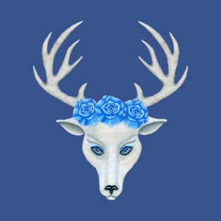 White Deer Head Antlers Blue Roses T-Shirt